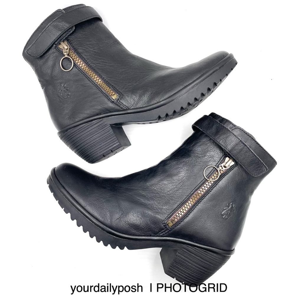 Fly London black leather Went zipper block heel boots EU size 39